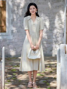 WANGGONGZHU | Princess Style Shirt Dress Women V-Neck Short Sleeve Cotton Linen Midi Long Summer New Fashion Elegant Feel Chinese Embroidery