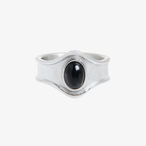 Saz Silver Asymmetrical Concave Oval Black Agate Zircon Ring Men & Women Trendy Retro Dark Stylish Ring