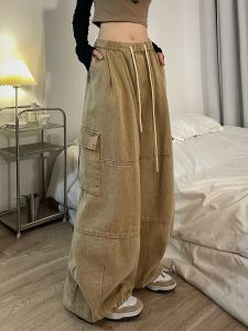 เท่ๆ เด็กผู้หญิง งานย้อนยุค กางเกง ผู้หญิง ฤดูใบไม้ผลิ บริสุทธิ์ ผ้าฝ้าย หนา ลำลอง หลวม ขากว้างยาวพื้น กางเกง อินเทรนด์ สตรีทสไตล์