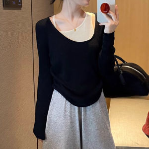 LUOFEN | เสื้อชั้นในสองชิ้นปลอมสำหรับผู้หญิง ฤดูใบไม้ผลิ 2025 เสื้อสเวตเตอร์แขนยาวหลวมๆ ทรงหลวมๆ สำหรับใส่ในฤดูใบไม้ผลิ