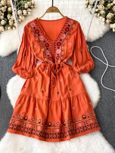 Bohemia Seaside Holiday Beach Skirt Retro Ethnic Style Embroider V-neck Waist-Controlled Slimming A- line Dress Summer