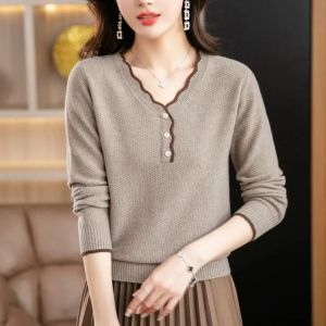 High-End Cotton Soft Floral Edge Beautiful Knit Shirt Large Size Womens Loose Airy Slimming Pullover Sweater for Spring and Autumn