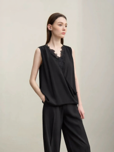 AMII | Summer Resort Style Lace Trim Spliced Chiffon Loose V-Neck Vest