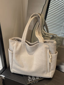 JIFANPAUL | Striped Corduroy Tote Bag Large Capacity Casual Commuter Shoulder Bag