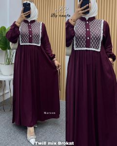 Yura MIDI Dress Kombinasi Mix Brukat // Dress Polos Rayon twill By.Raufa