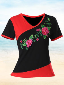 Áo Tập Khiêu Vũ Sọc Cổ Chữ V Thêu Tay Ngắn Mùa Hè Mới Cho Nữ Cỡ Lớn Áo Tập Khiêu Vũ Khiêu Vũ Công Sở Thể Thao