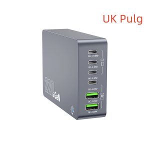 220W GaN Nitride 6-Port USB-C PD Charger 3-in-1 Laptop/Tablet/Mobile Device Station Gray Security Desktop Adapter