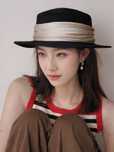 Light French Style Retro Black Billycock Satin Flat Top Flat Brim Straw Hat Wide-Brimmed Sunhat Baby Boy and Girl Summer Sun Protection Hat