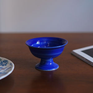 Nordic Style Miniature Deep Blue Brushed Ceramic High Footed Bowl Dim Sum Plate Small Fruit Salad Dry Fruits Dish
