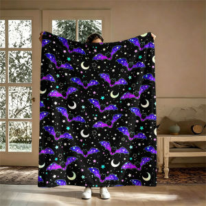 BILIBILI | Purple Bats Moon Stars Flannel Blanket Perfect for Sofa Office Bed Travel Sleep Read Relax Camping Four Season Use