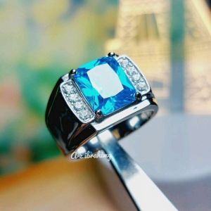CINCIN PERMATA BLUE TOPAZ - RING BAJA PUTIH MEWAH ELEGANT