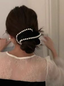 Velvet Pearl Hair Ties Womens High-End Feel 2023 New Style French Vintage Flower Bud Large Elastic Hair Bands