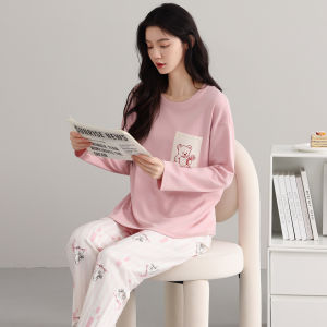 MiiOW | Bộ đồ ngủ cotton nguyên chất cho nữ tay dài mùa xuân thu có đệm ngực rộng rãi mặc ở nhà MiiOW phong cách thường ngày thoải mái
