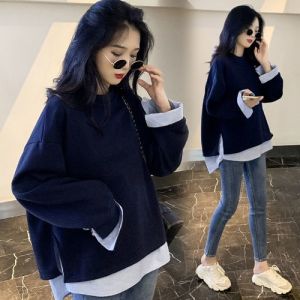 plus Size Womens Korean Style Long Sleeve Sweatshirt Fake Two-Piece Design Autumn Winter Belly Covering Base Layer Shirt