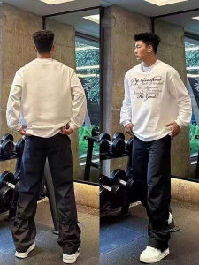 Áo Thun Dài Tay Cotton Phong Cách Mỹ Dáng Rộng Cổ Tròn in Chữ Thường Ngày Cho Nam Mùa Thu