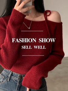 🦋 NLONKE Off Shoulder Knitwear sweater Slim Fitting Long Sleeved Lace-up Knitwear Chic Niche Retro cardigan for women