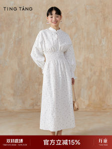 New Chinese Style Polka Dot Slim Fit Womens Dress High Waist Zipper Print Pleated Long Sleeve Fairy Skirt Autumn New Arrival