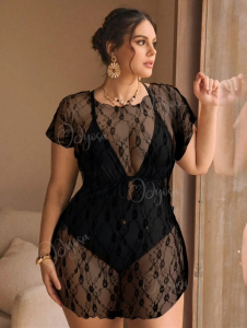 Lace cover up dress round lettuce neck line summer cover up Large-3xl (Lace)