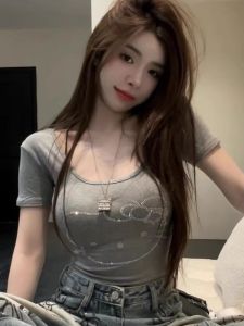 Áo Thun Nữ Tay Ngắn Cổ Chữ U Ôm Vừa Vặn Mùa Hè Chất Liệu Cotton Pha Trộn Thời Trang Thường Ngày Dài Ngắn