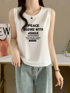 Pure Cotton round Neck Vest Womens Summer New Loose Sleeveless Letter Print Inner Wear Base Shirt Body Tee Top