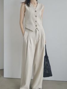 LSD Design Beige Cotton and Linen Woven Vest Suit V Neck Elegant Classy Vest Loose Pants Two-piece Set Easiest for Match