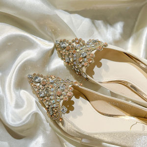 Giày Cưới Satin Màu Nhạt Giày Cao Gót Đính Đá Cho Nữ Giày Cưới Hai Mảnh Giày Đế Cao Bằng Da Tổng Hợp Mùa Thu 2024