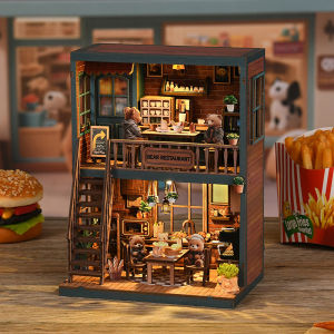 DIY Wooden Dollhouse Restaurant Mode Miniature Doll House With Furniture Kit 3D Puzzle Assemble Toy For Christmas Birthday Gifts