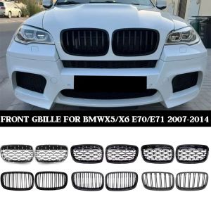 For BMW X5 E70 X6 E71 2007-2014Chrome Diamond Front Kidney Grilles Black Double Line Racing Grill Replacement Upper Accessories