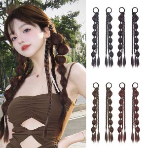 JUSTODO ฟองฟองฟอง ถักเปียบิด สังเคราะห์สังเคราะห์สังเคราะห์ แถบยางรัด หางม้ายาว แฟชั่นสำหรับผู้หญิง ฟูมฟี่ ผมหางม้าคู่