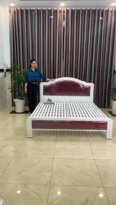 [HỎA TỐC HCM] Giường sắt 555 sắt hộp 5x10 cao cấp đầu bọc nệm xanh - giường sắt sang gia đình dùng