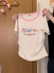 Áo Thun Tay Ngắn in Hình Mèo Kẻ Caro Ngọt Ngào Cho Nữ Áo Ngắn Giảm Tuổi Áo Thun Nữ Phong Cách Mới Chất Liệu Cotton