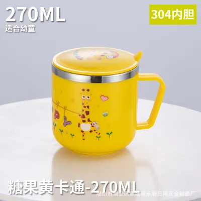304 Stainless Steel Water Cup with Lid for Children Cartoon Milk Cup Drinking Cup for Kindergarten Kids Home Use