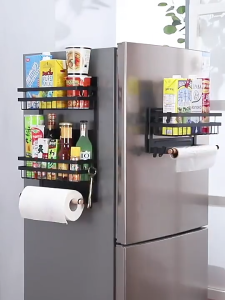 1/3 Layer Foldable Magnetic Spice Rack Magnetic Refrigerator Spice Rack with 4 Hooks 3 In 1 Kitchen Rack Organizer with Paper Towel Holder Hanging Storage Rack Punch-Free Install-Free