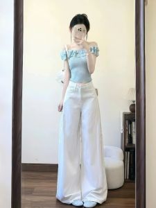 VKSOD | Bộ đồ hai mảnh phong cách Hàn Quốc mùa hè 2025 Áo một bên vai và quần jeans ống đứng màu trắng cho nữ