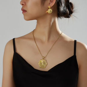 SEQUITO Fine Ladies Jewelry Set Golden Big Waterdrop Dangle Earrings Hollow Pendant Necklace Clothing Accessories SJ422