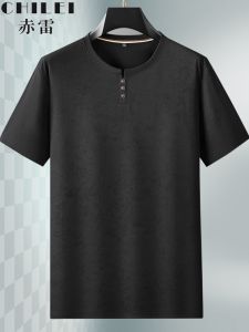 Loose Fit Mens Summer T-Shirt Henry Collar Short Sleeve V-Neck Chinese Style plus Size Casual Fashion Urban Cotton Tee