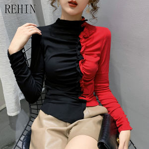 REHIN Winter new colour blocking pleated ruffle lace irregular Slim  fit long-sleeved T-shirt trendy women blouse