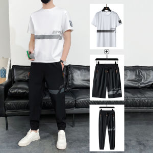 Sports Suit Men Ice Silk Short Sleeve T-shirt Elastic plus Size Two Pieces Shorts Matching One Set Quick-Drying Scissors_Standard Three-Piece Set