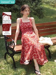 INMAN | Retro French Style Red Floral Sleeveless Square Neck A-Line Dress