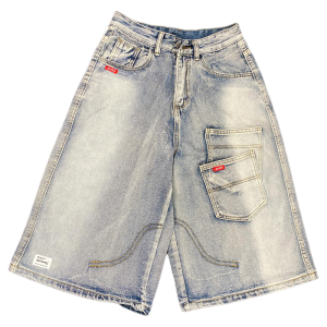 OUMULONG | Vintage Washed Denim Shorts Mens Utility Pants Multiple Pockets Capri Length