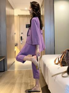 Womens Suit Set High Waist Thin Sleeve Seven Pieces Loose Drapey High Waist Pants Two Piece Set Fashionable Professional Summer Wear