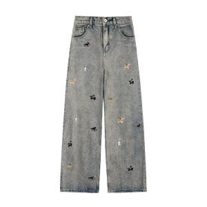 กางเกงยีนส์ทรงหลวมสำหรับผู้ชาย LeManism ปักลายสุนัขการ์ตูน ทรงตรง ทรงหลวม กางเกงยีนส์ทรงหลวมฤดูใบไม้ผลิและฤดูใบไม้ร่วงสำหรับคู่รัก