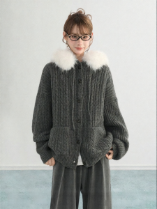 ARCG | Áo Cardigan Hooded Nữ Cổ Lông Len Xám