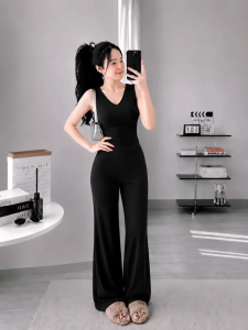 Set áo cổ tim sát nách kèm quần dài ống rộng KVYBODY S82 chất thun cotton borip lụa dày mịn co giãn