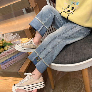 Sweet Girls Wide Leg Jeans Spring Autumn Style Childrens Fashion Straight Cut Long Pants Cotton Polyester Blend Elastic Waist