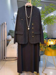 plus Size Autumn Casual Long Sleeve V-Neck Womens Fashion Set Vest And Midi Skirt Cotton Polyester Blend Comfortable Fit