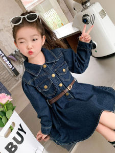 Childrens 2023 Autumn New Style Denim Dress Long Sleeve Princess Skirt for 7 Year Old Girls Sweet Floral Print Zipper Closure