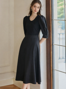 Roey s house | French Puff Sleeve Waist-Cinching Slimming Patchwork Black Dress