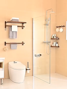 [SG Stock]Punch Free Black Walnut Bathroom Rack  Towel Rack Shampoo Rack Wall hanging Rack Bathroom Accessories Set