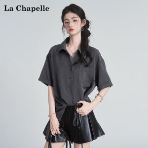 La Chapelle | Áo Sơ Mi Mùa Hè Thanh Lịch Đai Dây Buộc Cổ Trụ Thêu Ren Xám